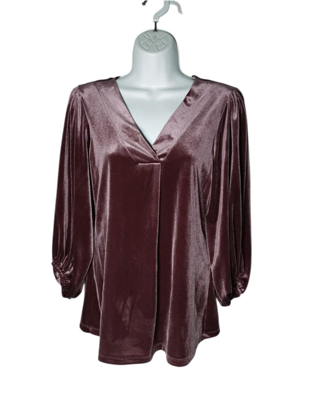 Liberty Wear Velvet V Neck Top L Mauve Pink Office Office Balloon Sleeve USA New